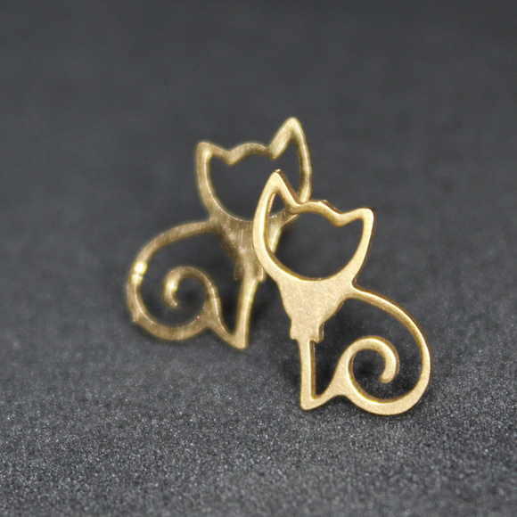 Goldtone Stylized Kitten Minimalist Earrings - Picture 3 of 4